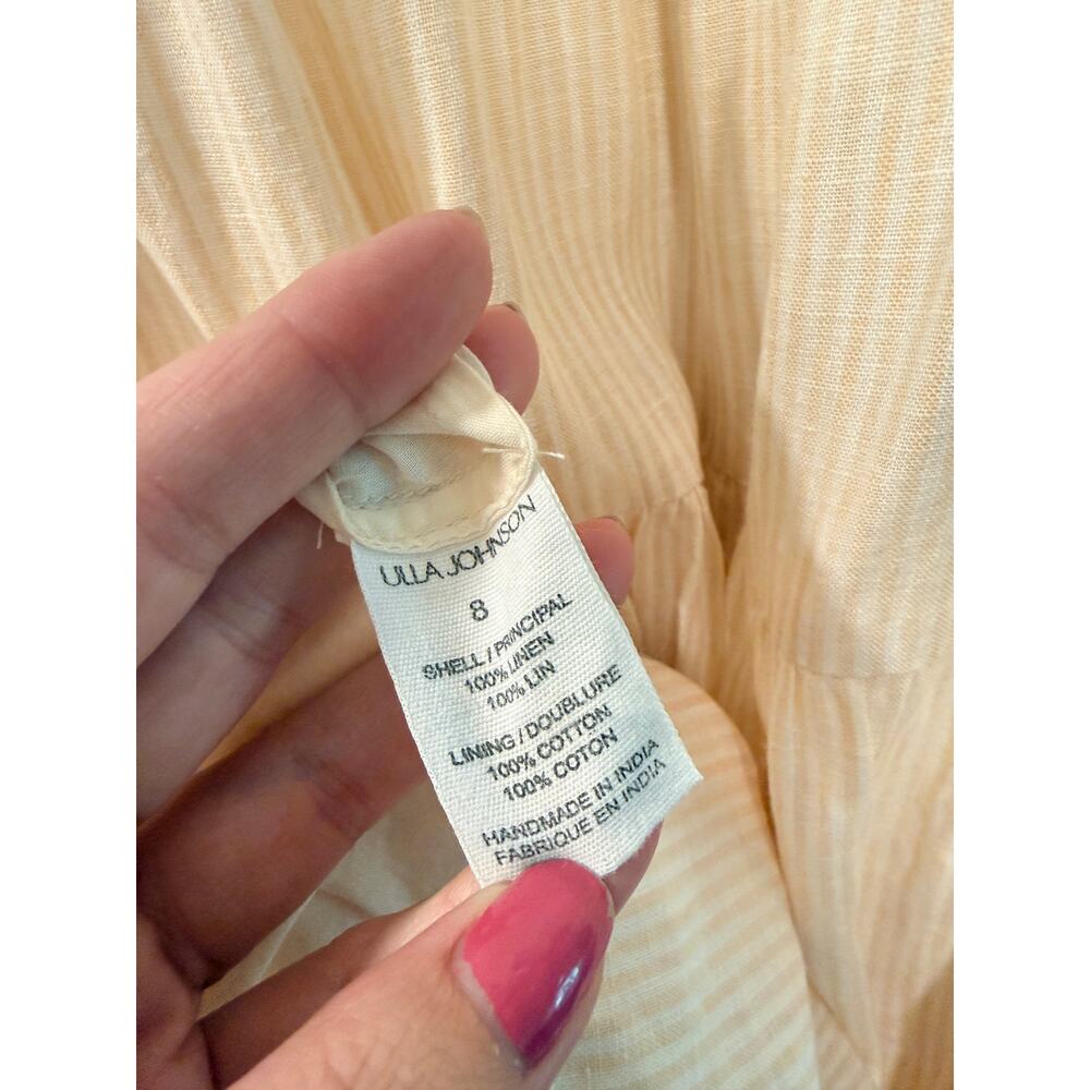 Ulla Johnson 8 Linen Rissa Midi Dress $525 Ruffle Puff Sleeve Smocked Waist Tan - Picture 8 of 11